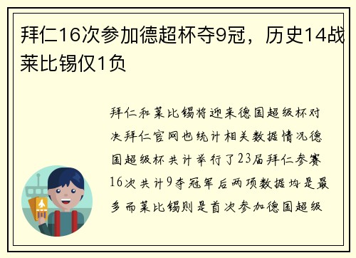 拜仁16次参加德超杯夺9冠，历史14战莱比锡仅1负