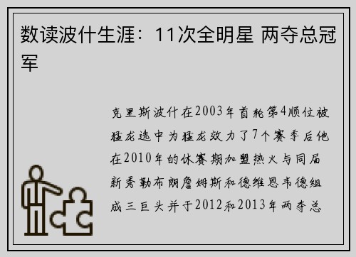 数读波什生涯：11次全明星 两夺总冠军