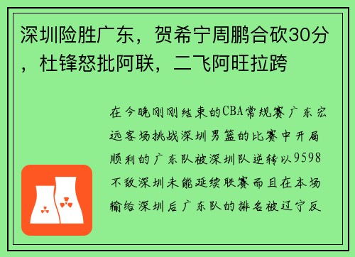 深圳险胜广东，贺希宁周鹏合砍30分，杜锋怒批阿联，二飞阿旺拉跨