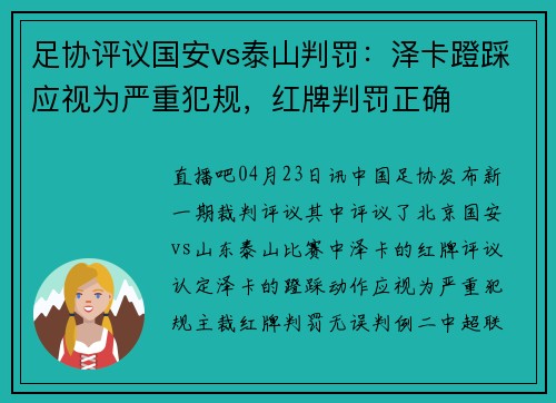 足协评议国安vs泰山判罚：泽卡蹬踩应视为严重犯规，红牌判罚正确